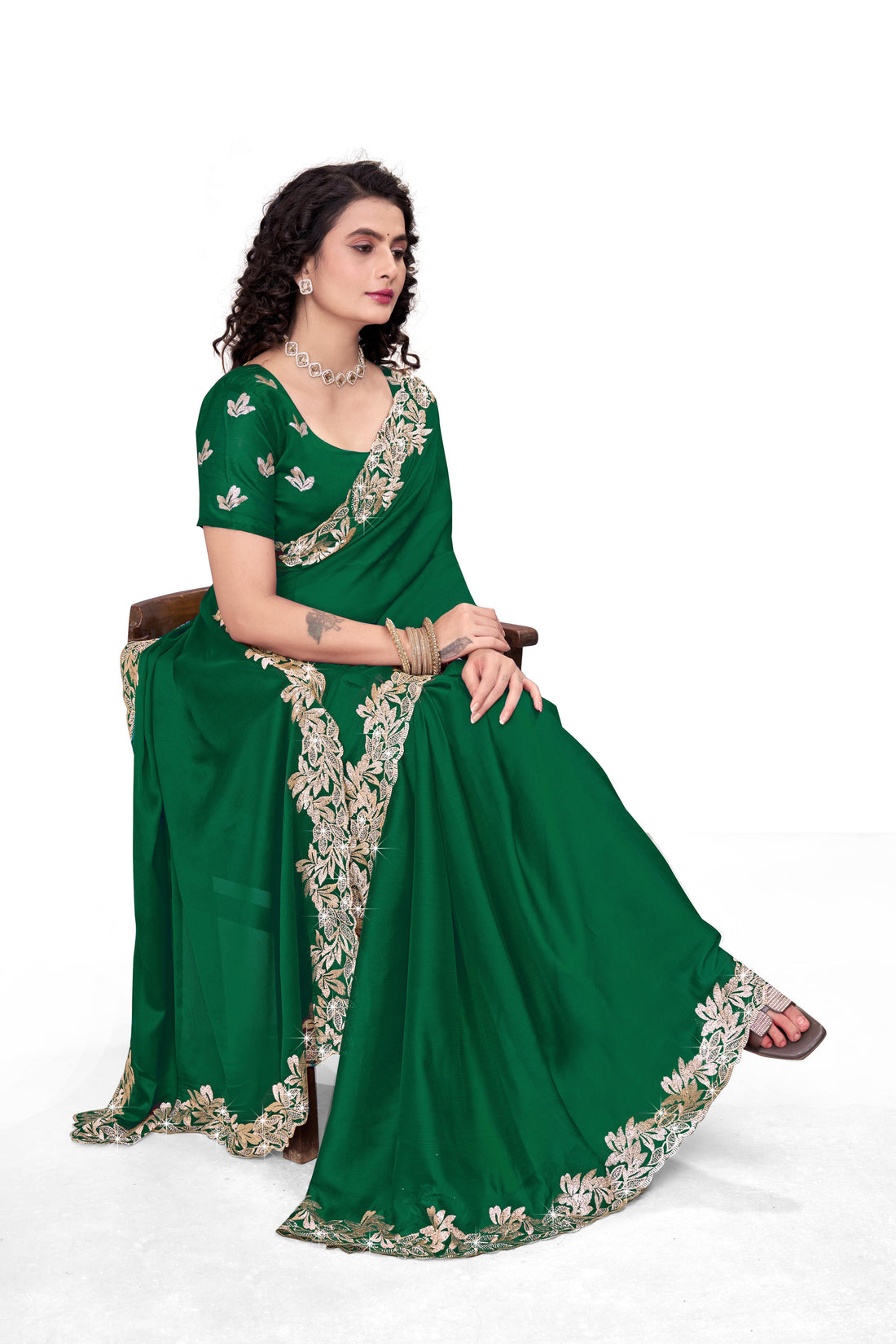 Emerald Green Designer Saree with Golden Embroidered Border