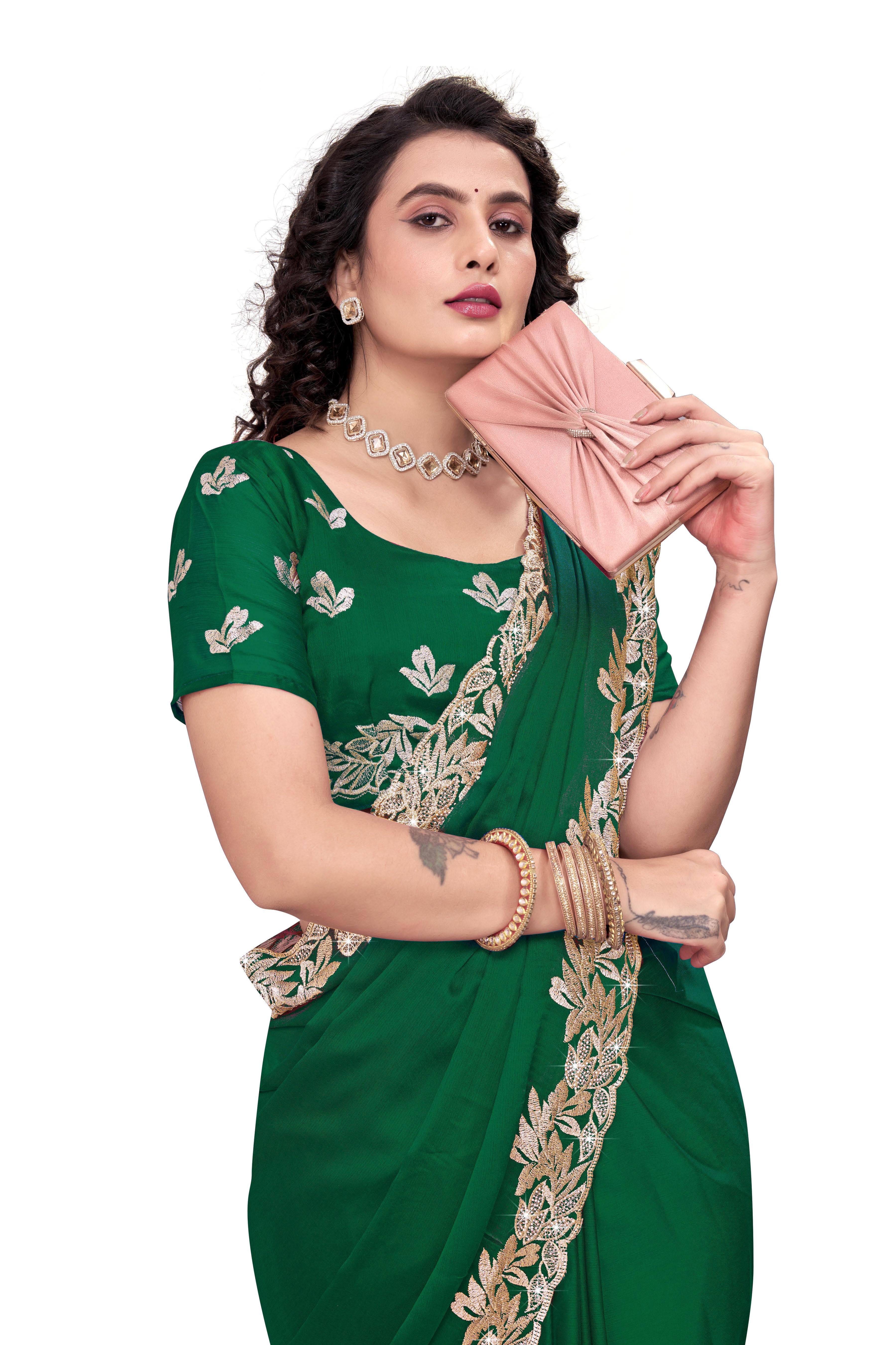 Emerald Green Designer Saree with Golden Embroidered Border