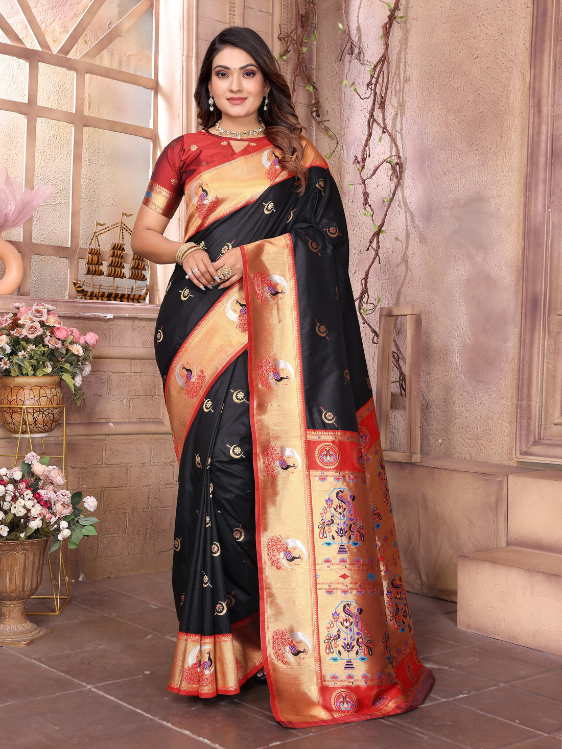 Rangmohini Black Paithani Silk Saree