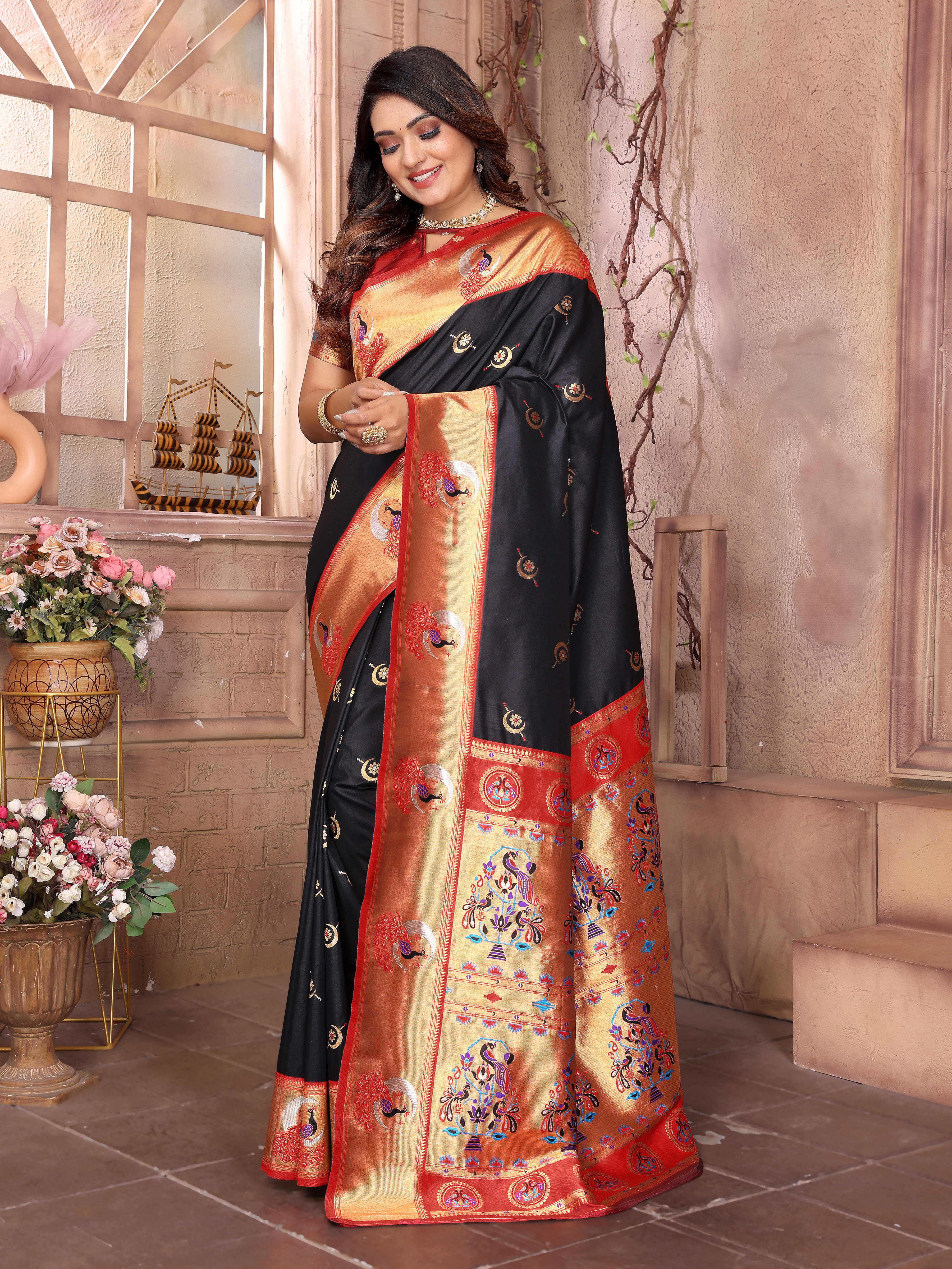 Rangmohini Black Paithani Silk Saree