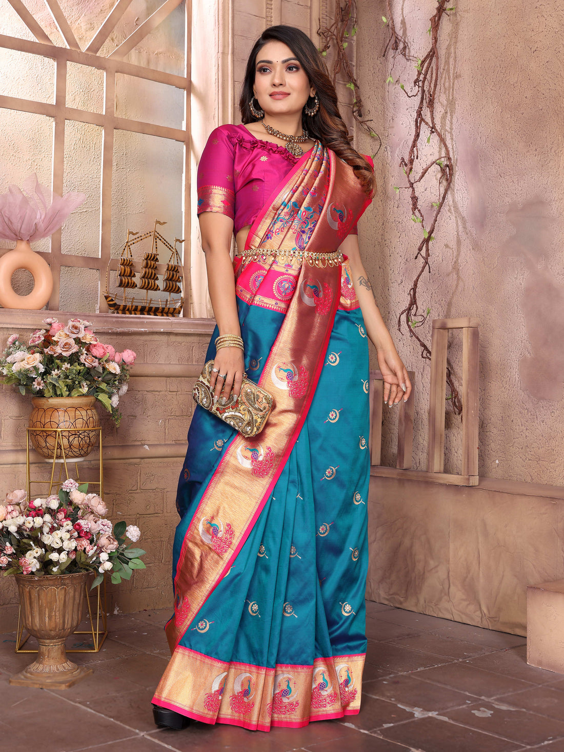 Aqua Rajwada Paithani Saree