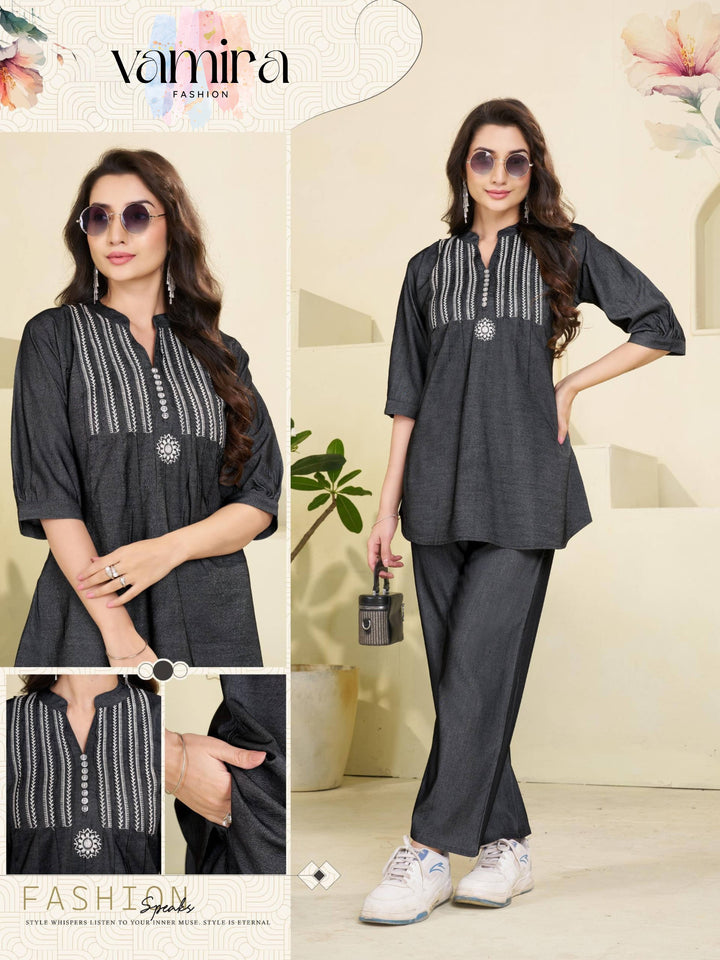 Denim Co-ord Set with Embroidered