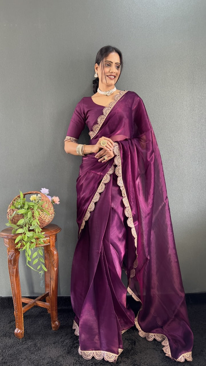 Elegant Plum Wine Silk Saree with Designer Lace Border