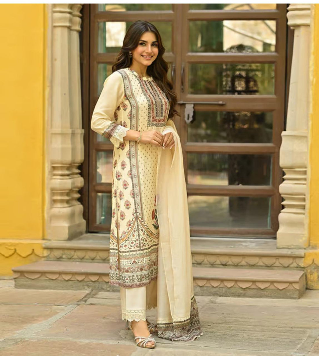 Royal Beige Heritage Print Kurti with Embroidery