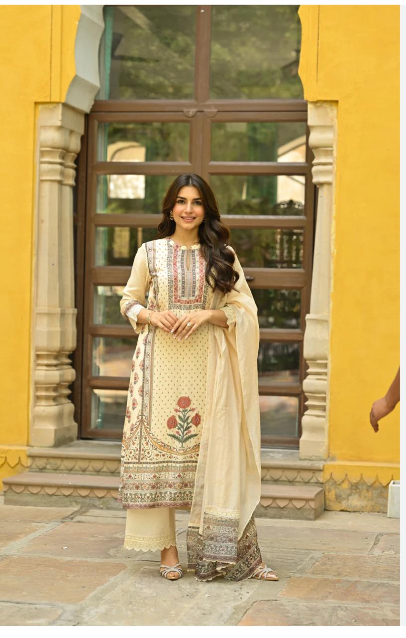 Royal Beige Heritage Print Kurti with Embroidery