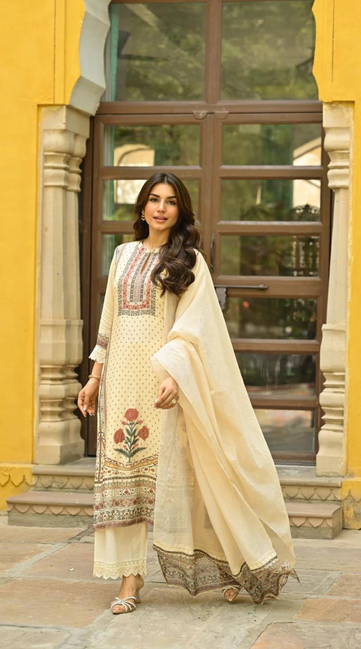 Royal Beige Heritage Print Kurti with Embroidery