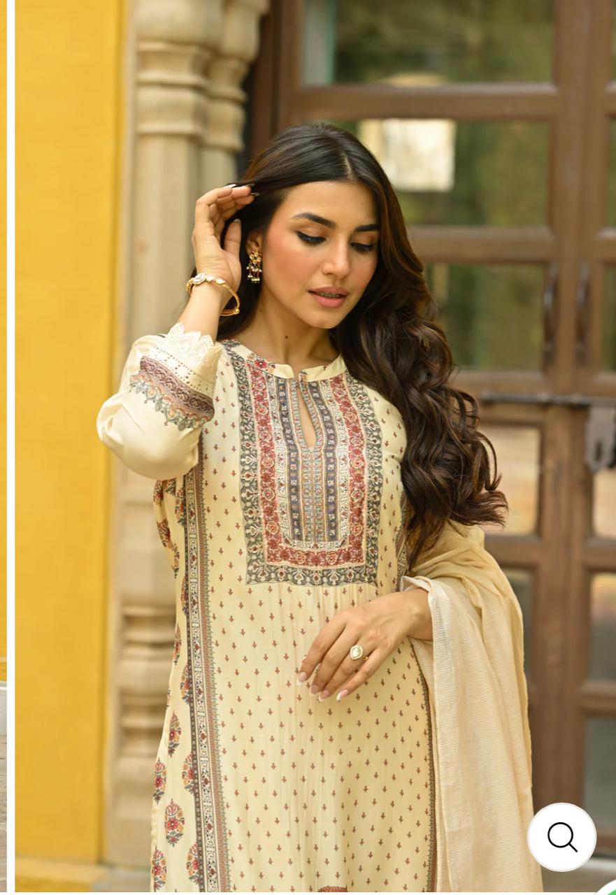Royal Beige Heritage Print Kurti with Embroidery