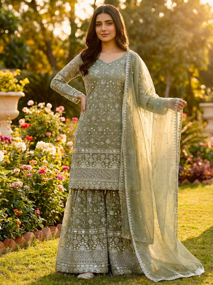Designer GMY Silk Embroidered Top Sharara Set with Lace Border Dupatta