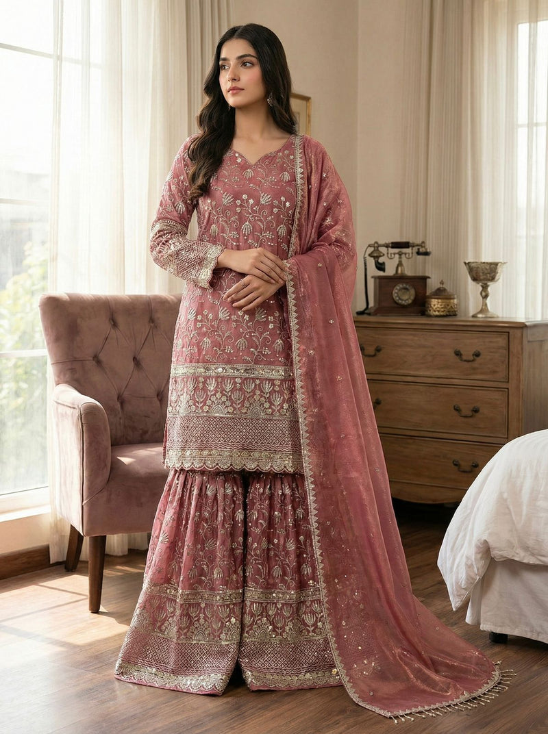 Designer GMY Silk Embroidered Top Sharara Set with Lace Border Dupatta