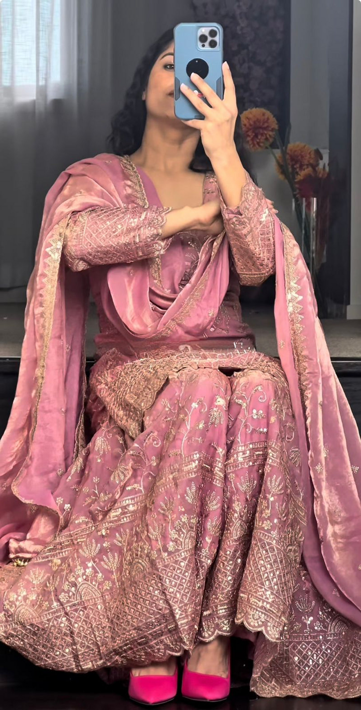 Designer GMY Silk Embroidered Top Sharara Set with Lace Border Dupatta