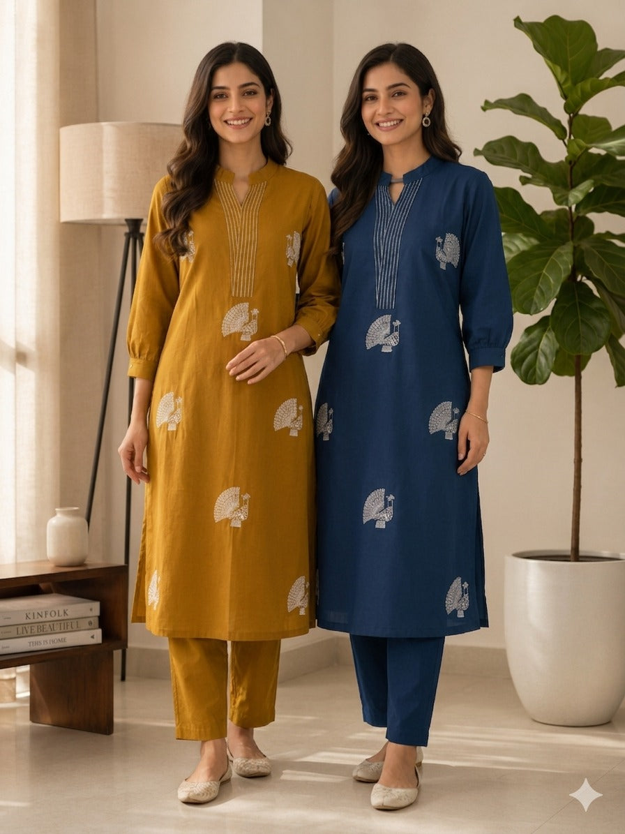 Premium Cotton Peacock Embroidery Kurta Pant Set for Women
