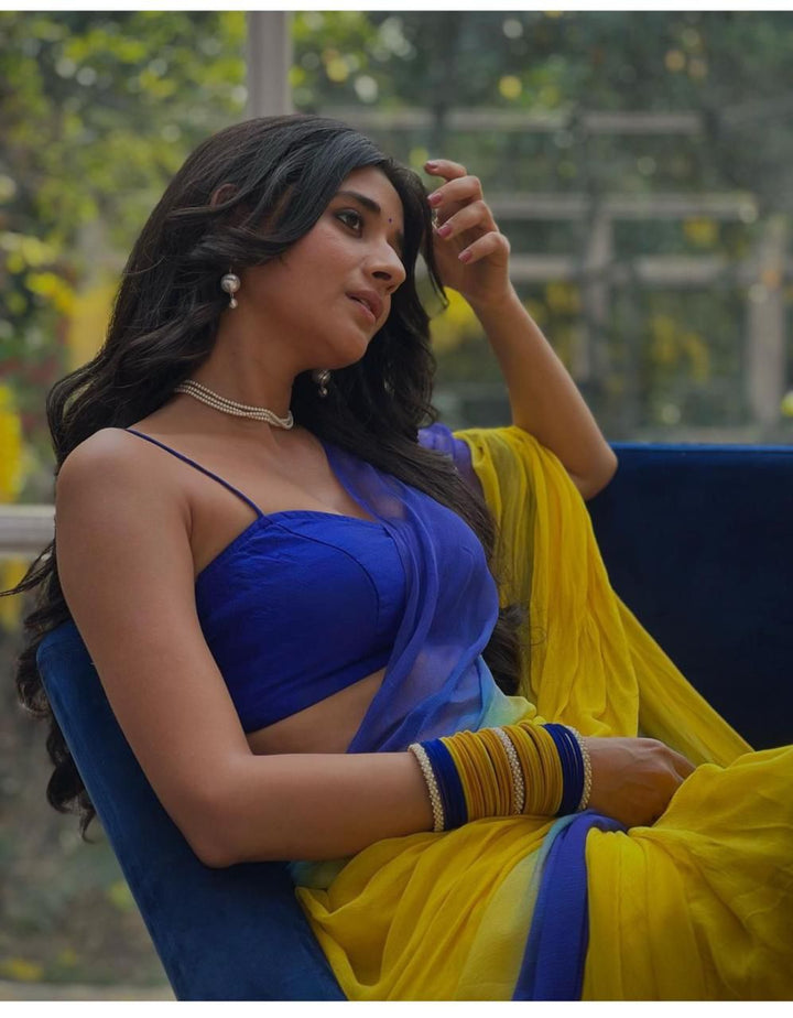 Yellow & Royal Blue Dual Tone Soft Organza Saree