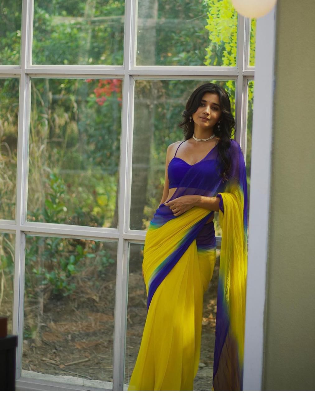 Yellow & Royal Blue Dual Tone Soft Organza Saree