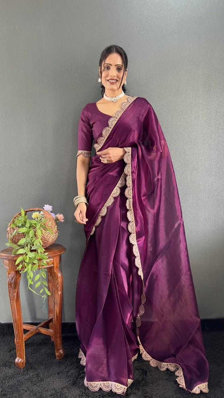 Elegant Plum Wine Silk Saree with Designer Lace Border