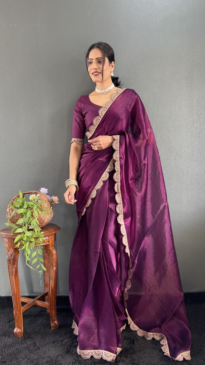 Elegant Plum Wine Silk Saree with Designer Lace Border