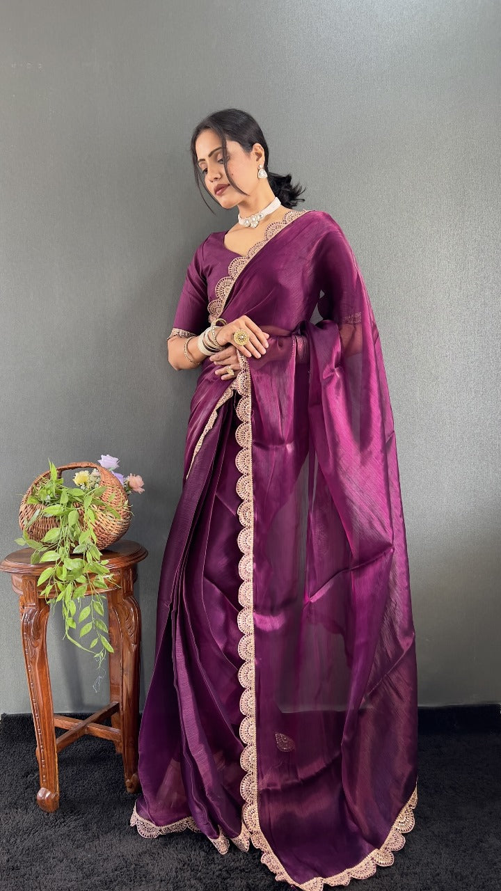 Elegant Plum Wine Silk Saree with Designer Lace Border