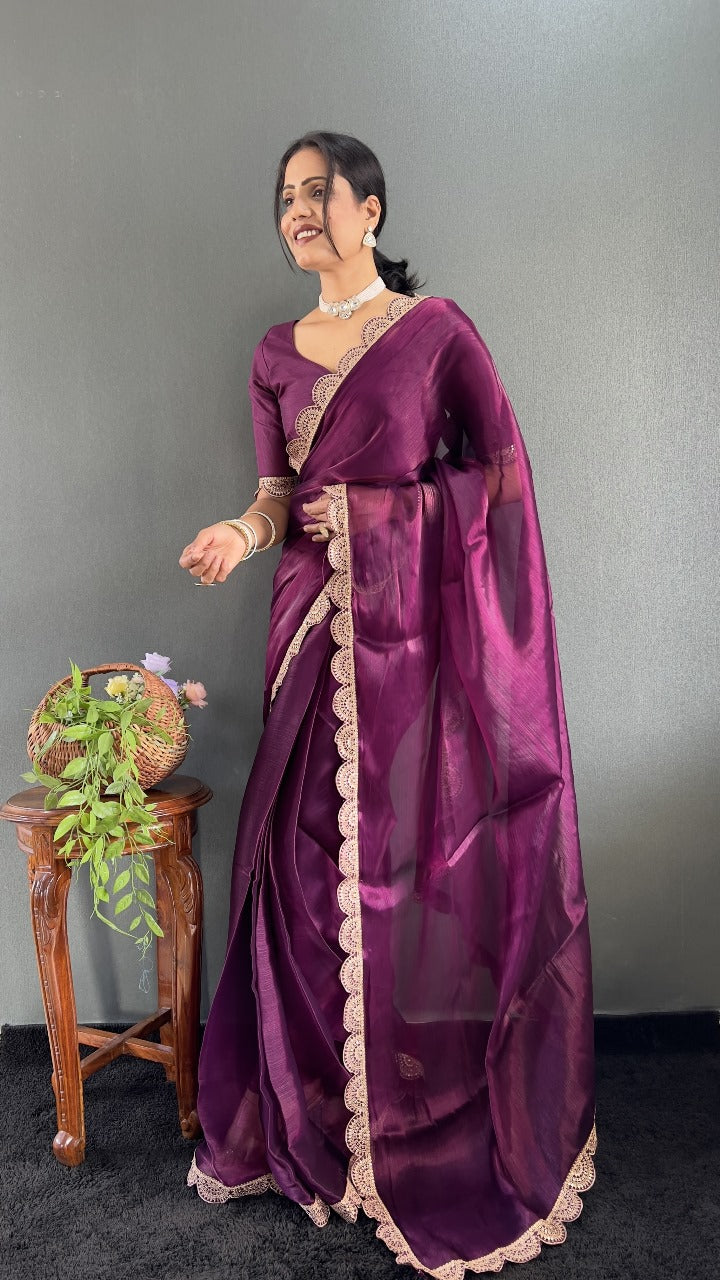 Elegant Plum Wine Silk Saree with Designer Lace Border