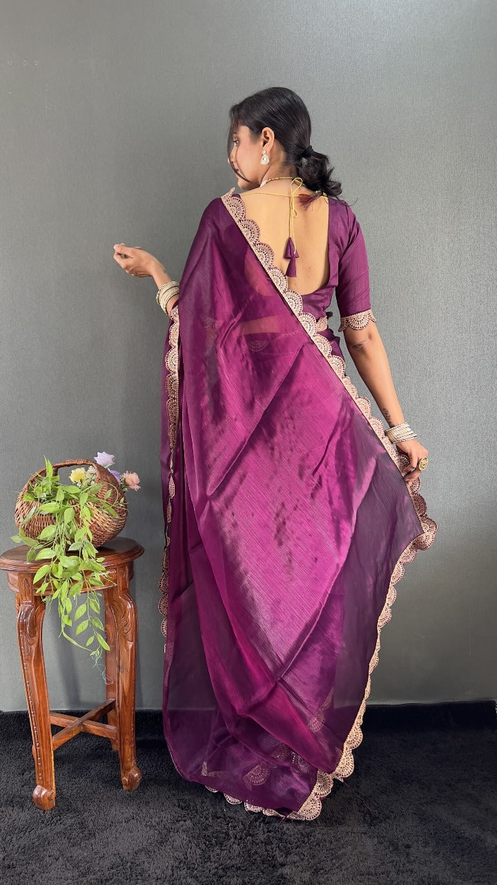 Elegant Plum Wine Silk Saree with Designer Lace Border