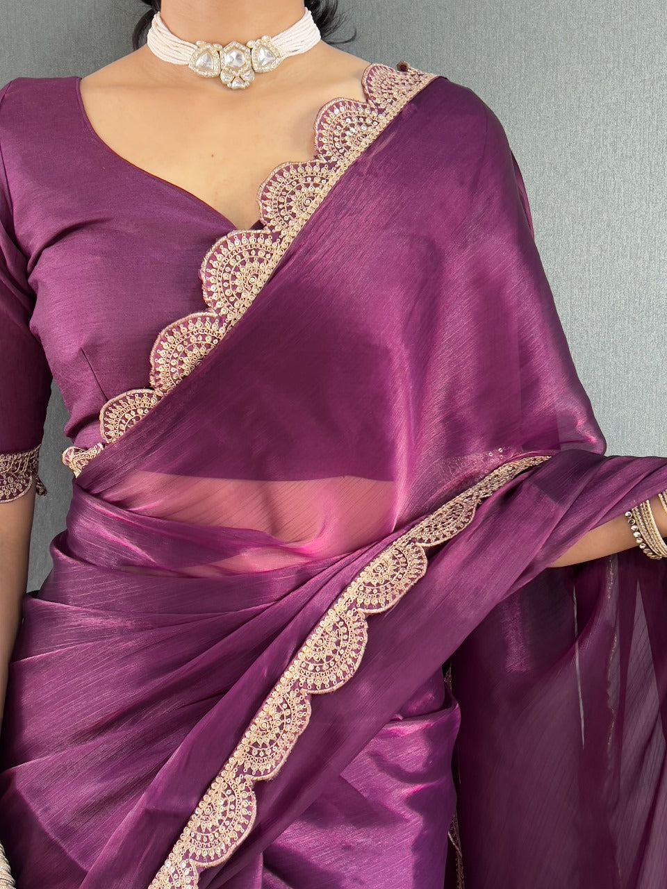 Elegant Plum Wine Silk Saree with Designer Lace Border