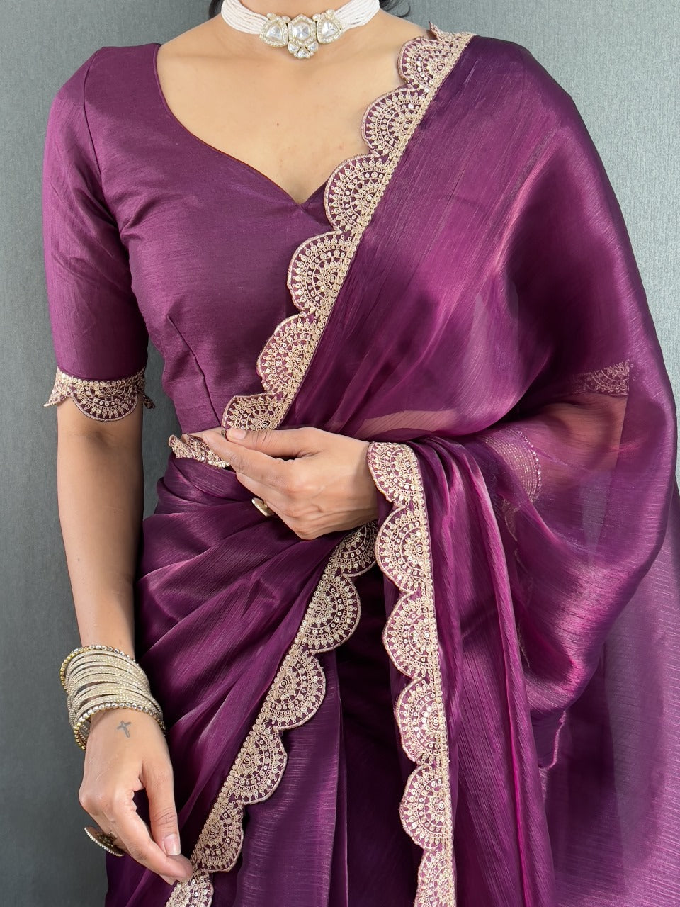 Elegant Plum Wine Silk Saree with Designer Lace Border