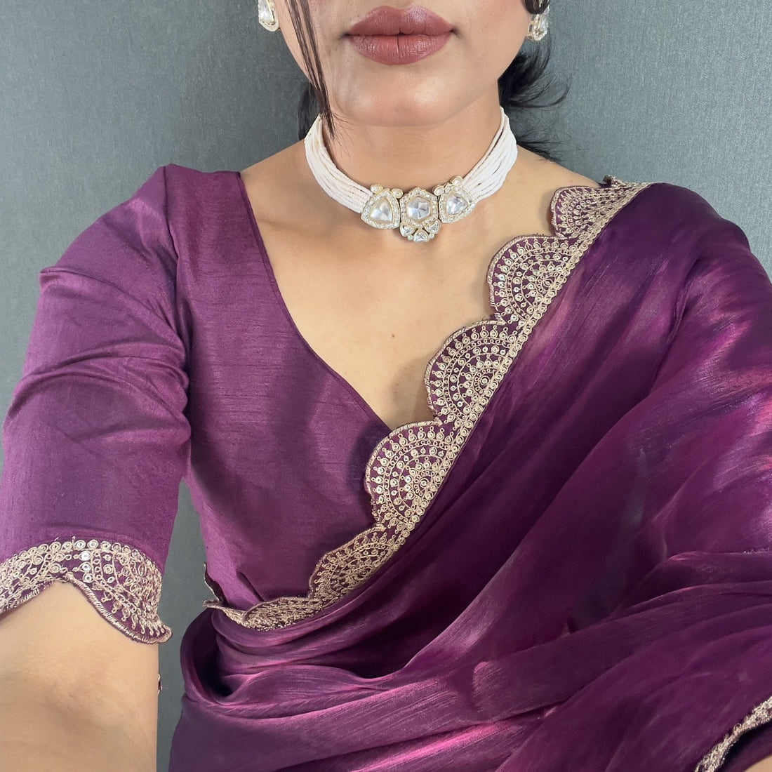 Elegant Plum Wine Silk Saree with Designer Lace Border