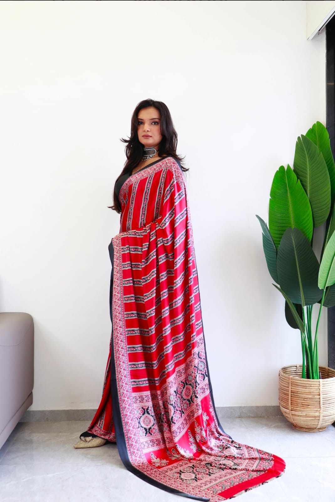 Red Ajrakh Digital Printed Saree – Traditional Ethnic Wear by Vastras