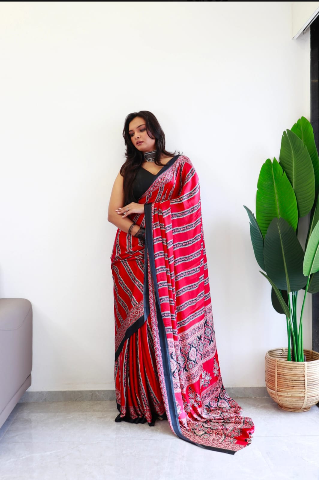 Red Ajrakh Digital Printed Saree – Traditional Ethnic Wear by Vastras