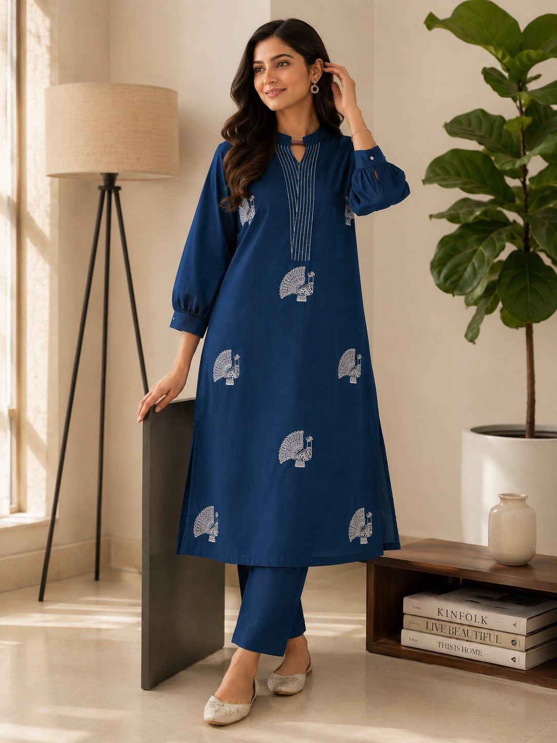 Premium Cotton Peacock Embroidery Kurta Pant Set for Women