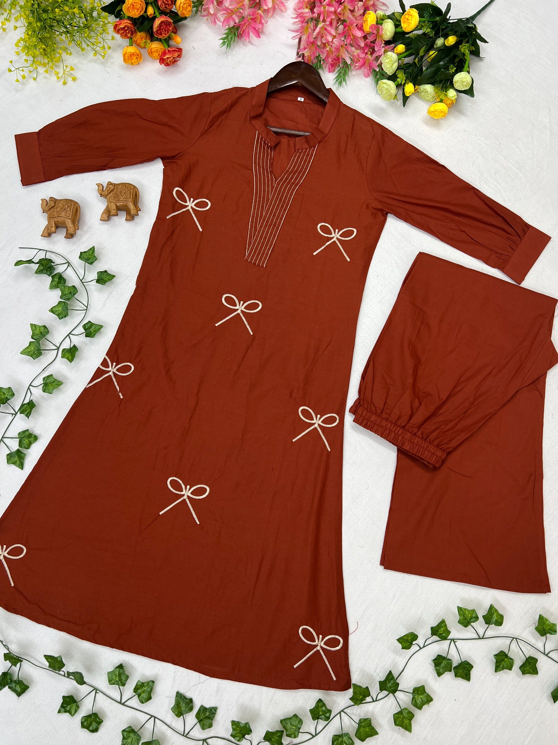 Premium Cotton Bow Embroidery Kurta Pant Set for Women