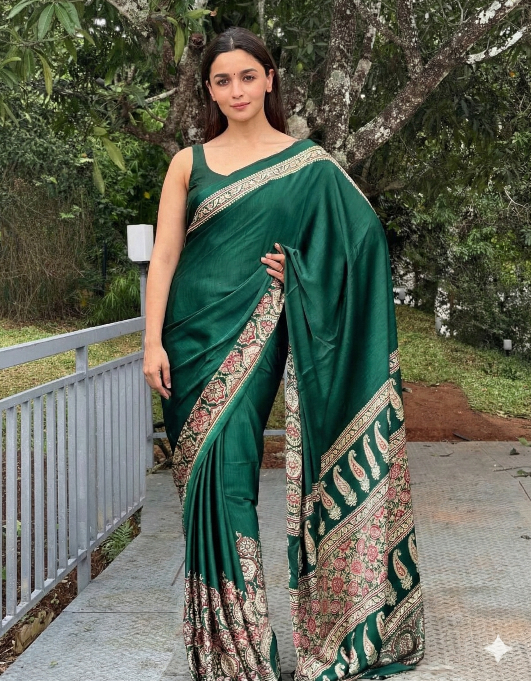 Green Ajrakh Digital Print Saree – Elegant Soft Silk Designer Wear