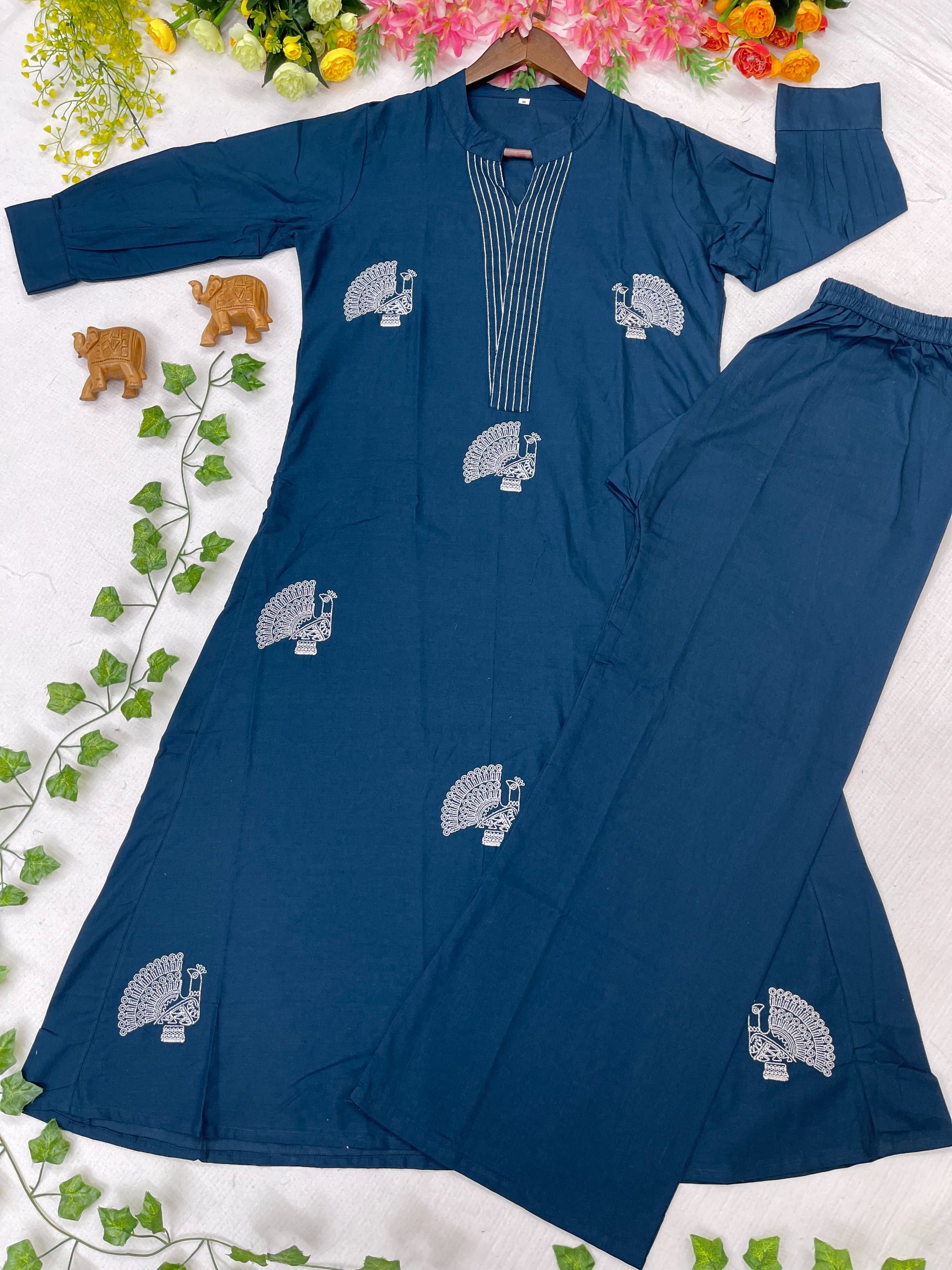 Premium Cotton Peacock Embroidery Kurta Pant Set for Women
