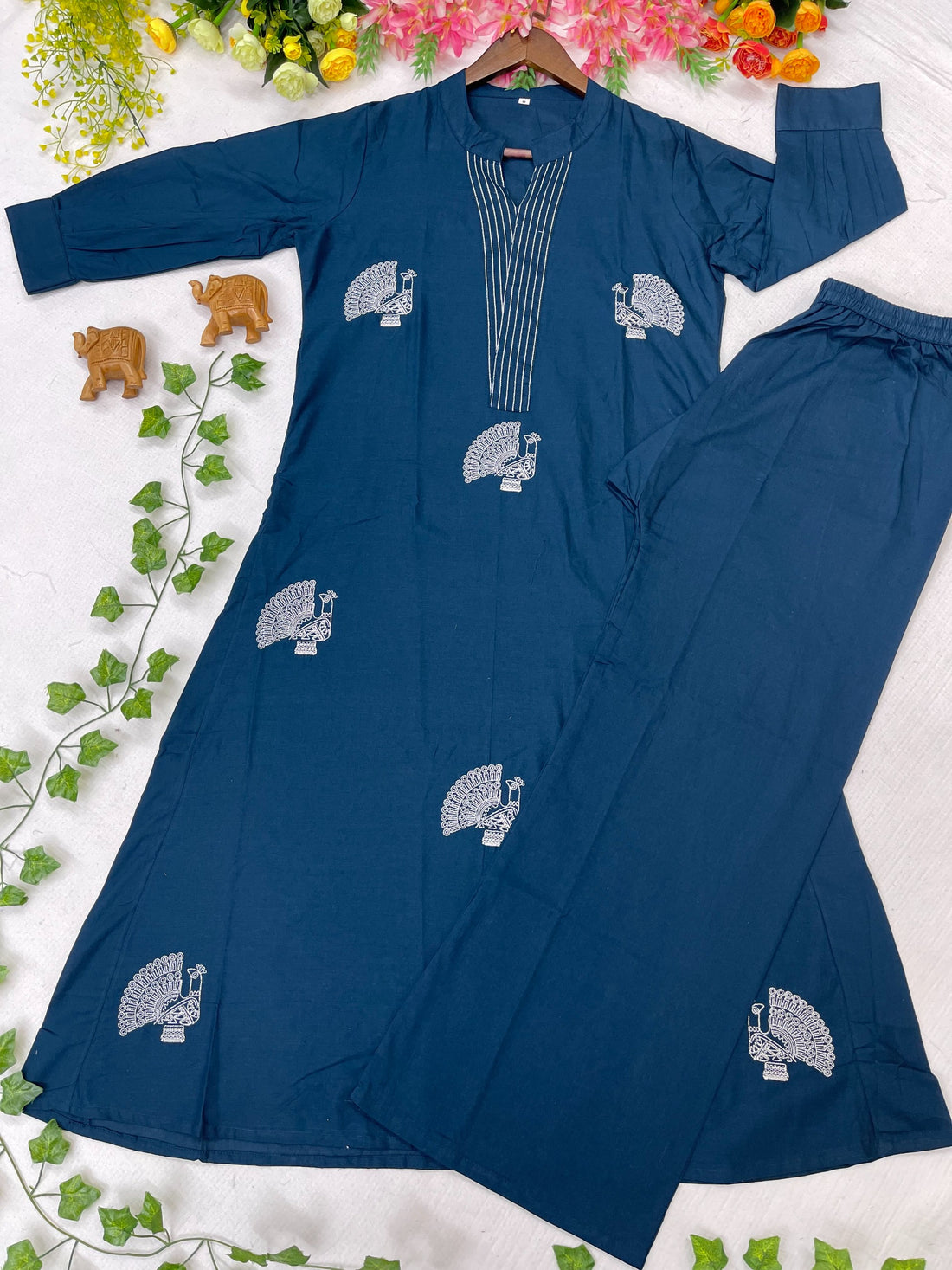 Premium Cotton Peacock Embroidery Kurta Pant Set for Women