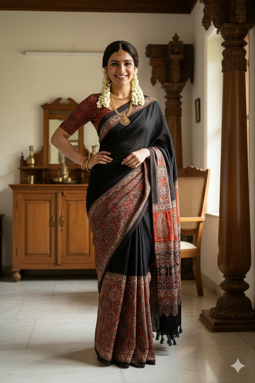 Black Ajrakh Digital Printed Soft Silk Saree with Rich Red Pallu