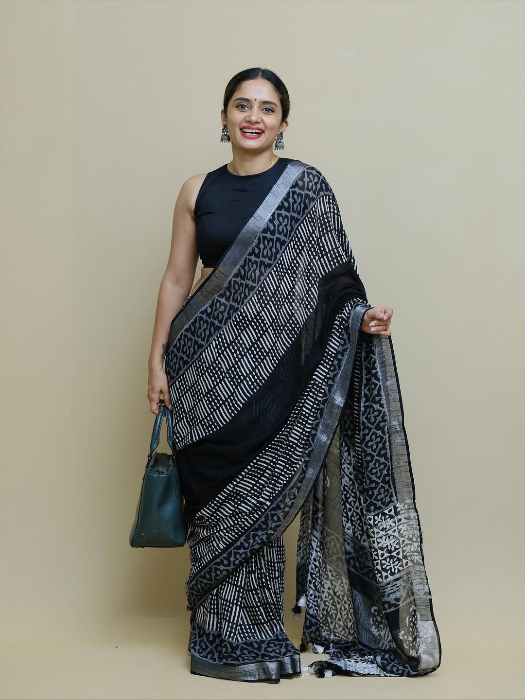 Royal Black Ajrakh Printed Saree