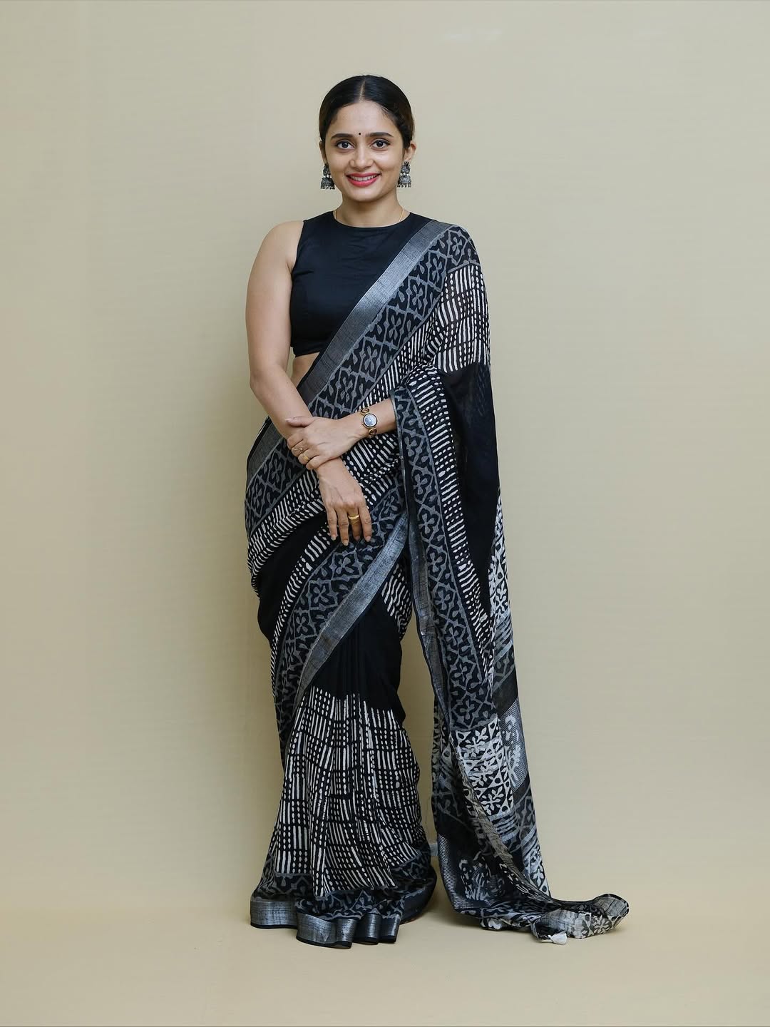 Royal Black Ajrakh Printed Saree