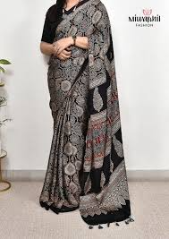 Premium Black Soft Silk Saree with Ajrakh Motifs & Designer Border