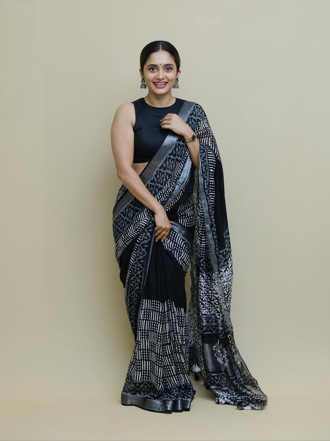 Royal Black Ajrakh Printed Saree