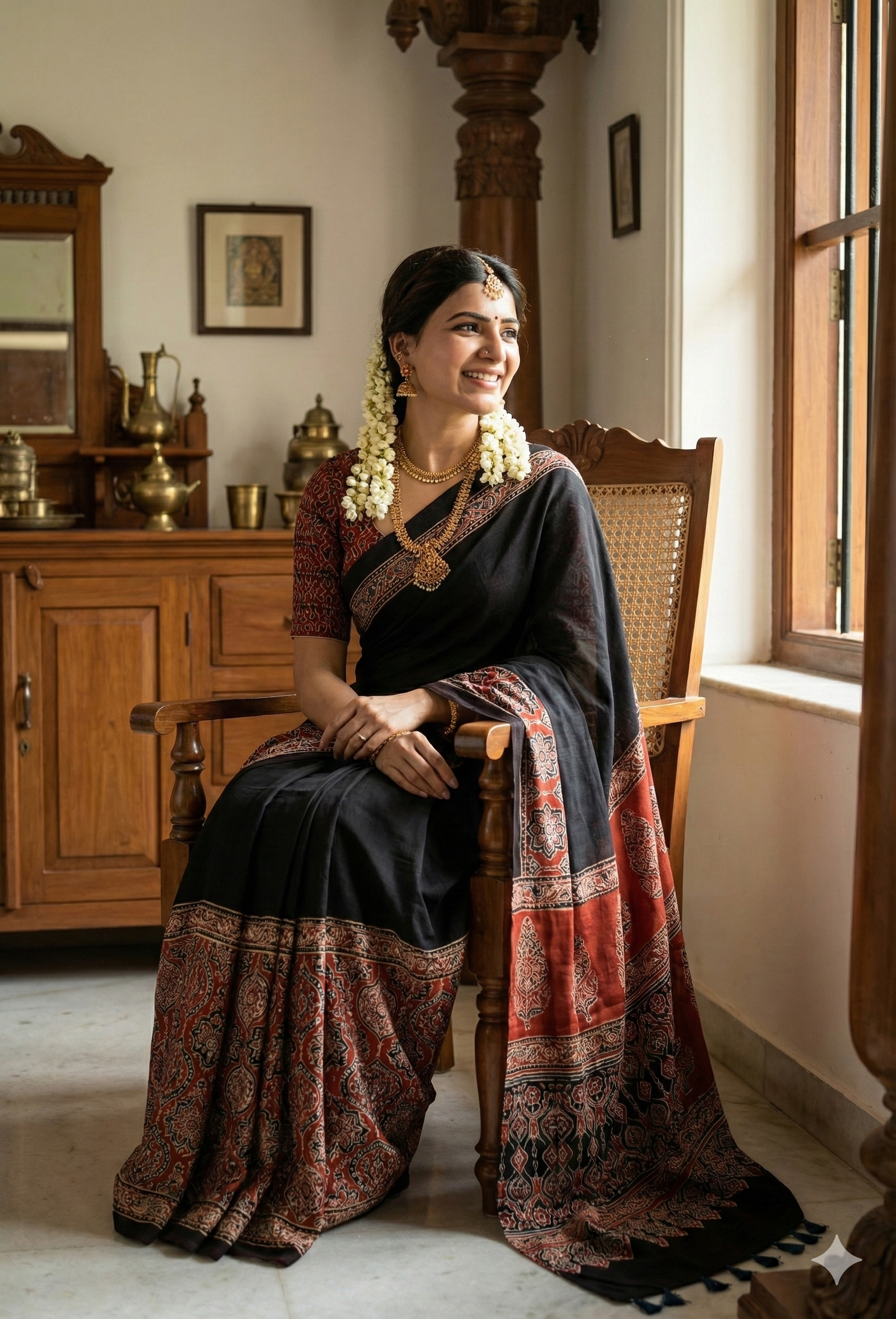 Black Ajrakh Digital Printed Soft Silk Saree with Rich Red Pallu