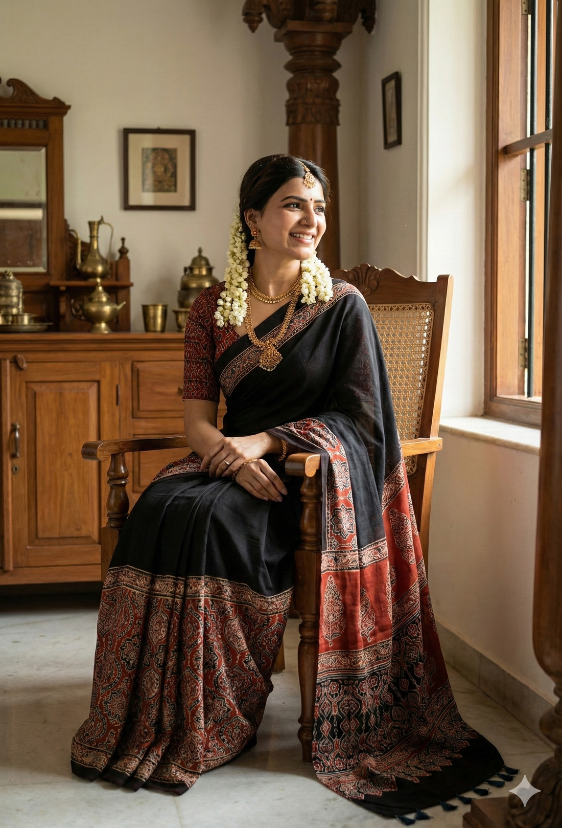 Black Ajrakh Digital Printed Soft Silk Saree with Rich Red Pallu