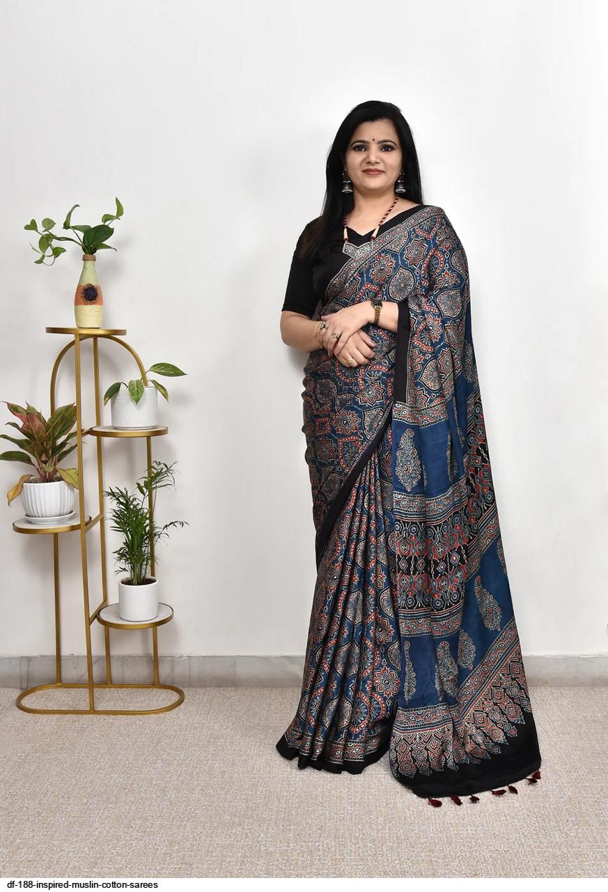 Premium Navy Blue Ajrakh Soft Silk Saree with Rich Designer Pallu