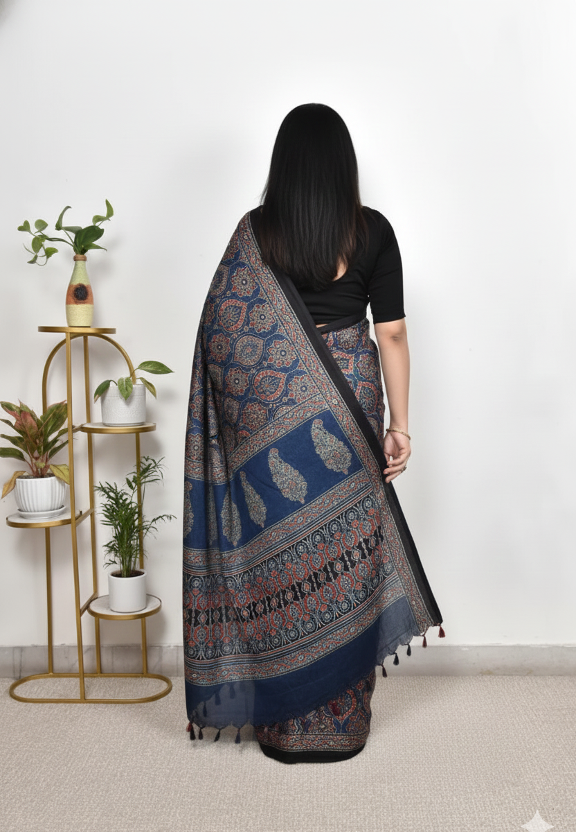 Premium Navy Blue Ajrakh Soft Silk Saree with Rich Designer Pallu