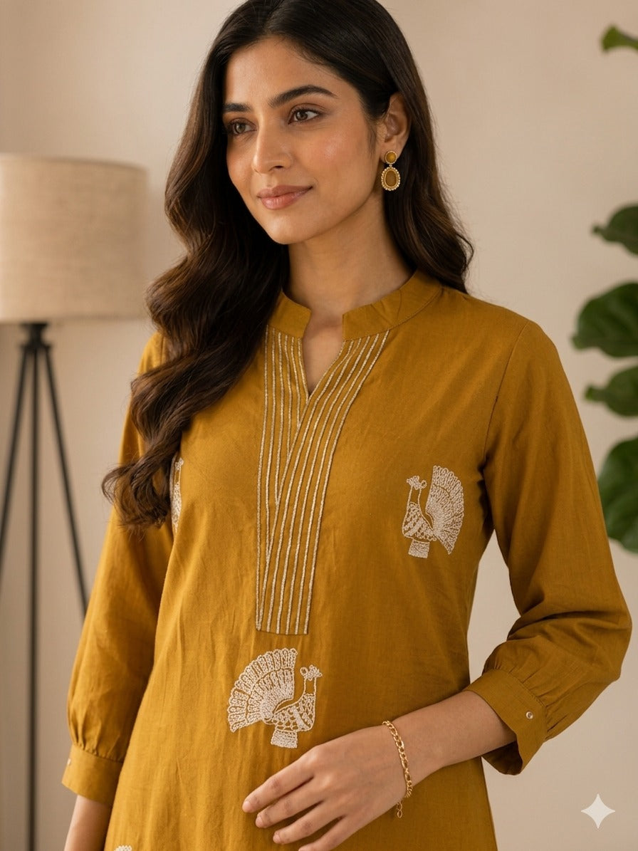 Premium Cotton Peacock Embroidery Kurta Pant Set for Women