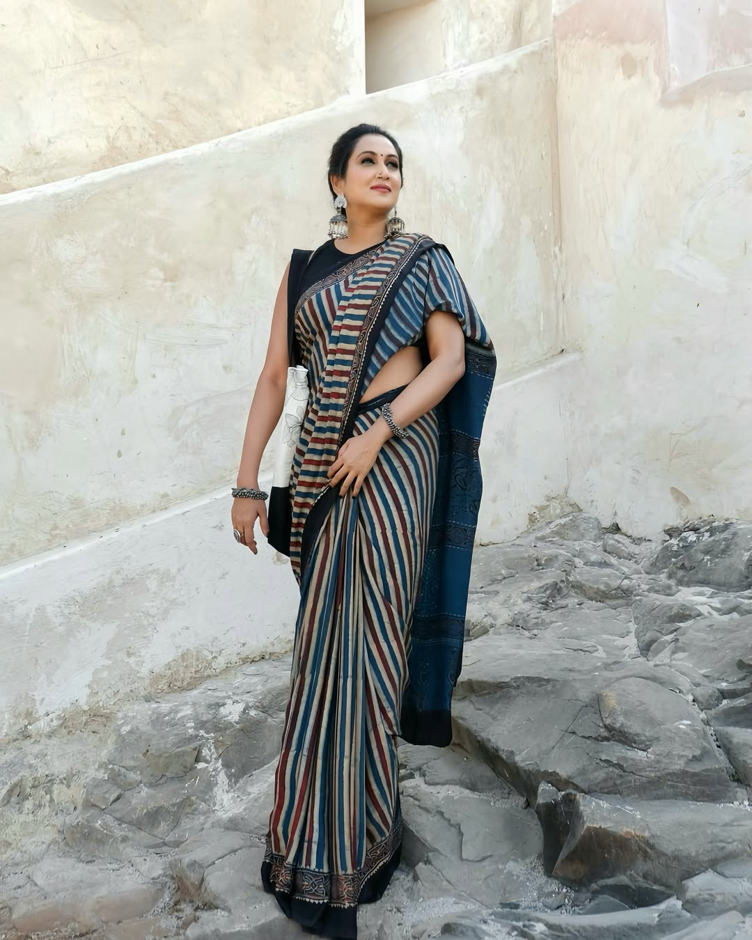 Elegant Multicolor Striped Ajrakh Border Saree