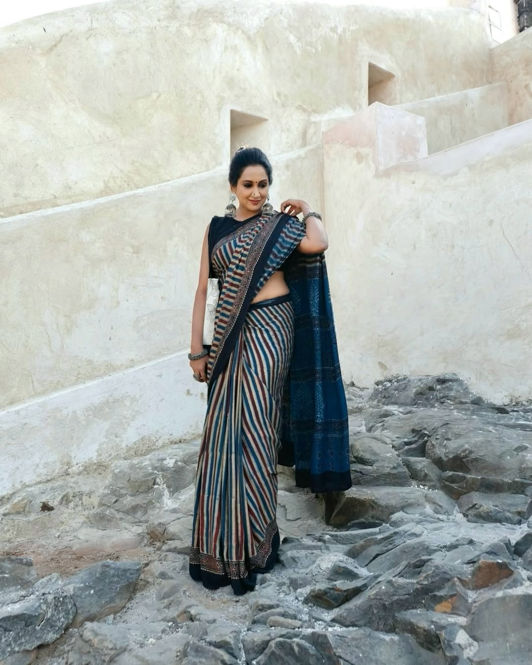 Elegant Multicolor Striped Ajrakh Border Saree