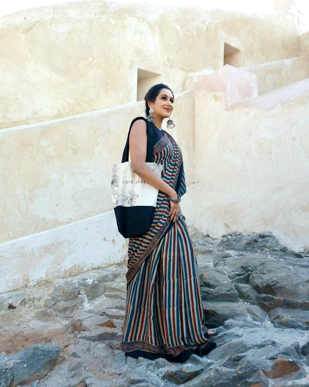 Elegant Multicolor Striped Ajrakh Border Saree