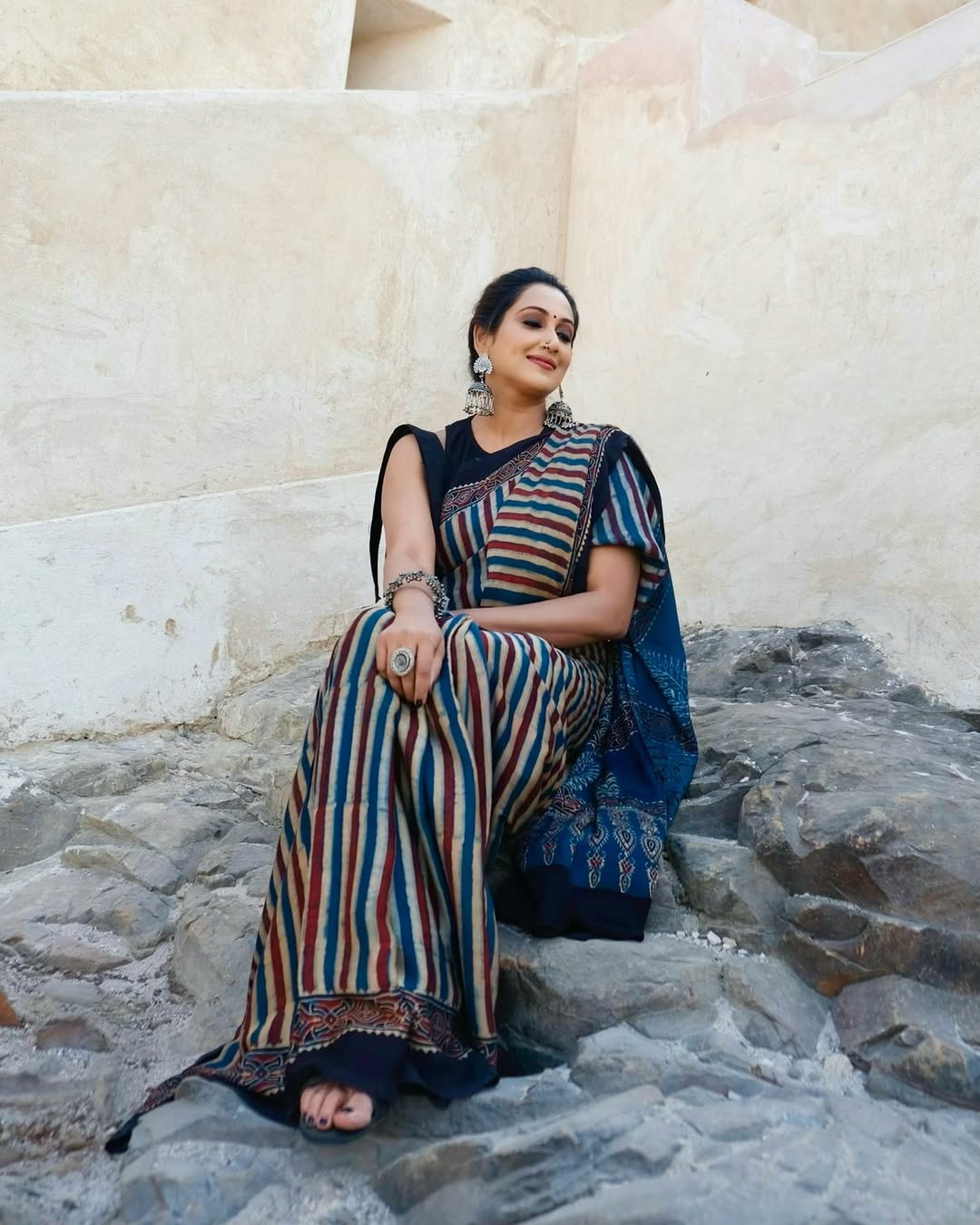 Elegant Multicolor Striped Ajrakh Border Saree