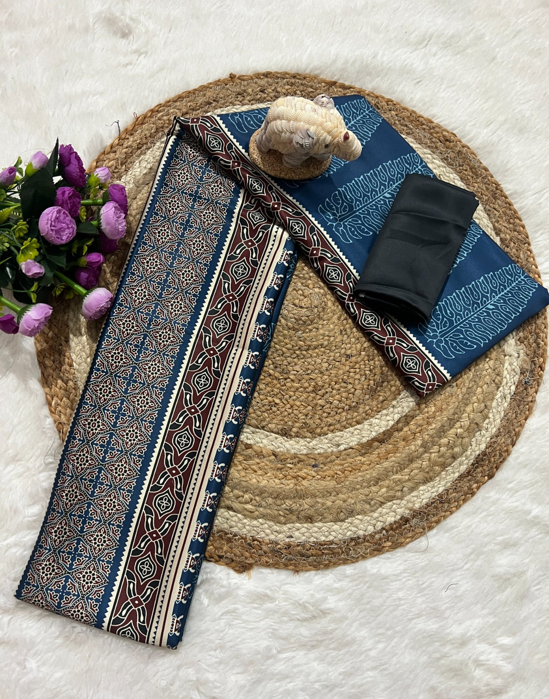 Elegant Multicolor Striped Ajrakh Border Saree