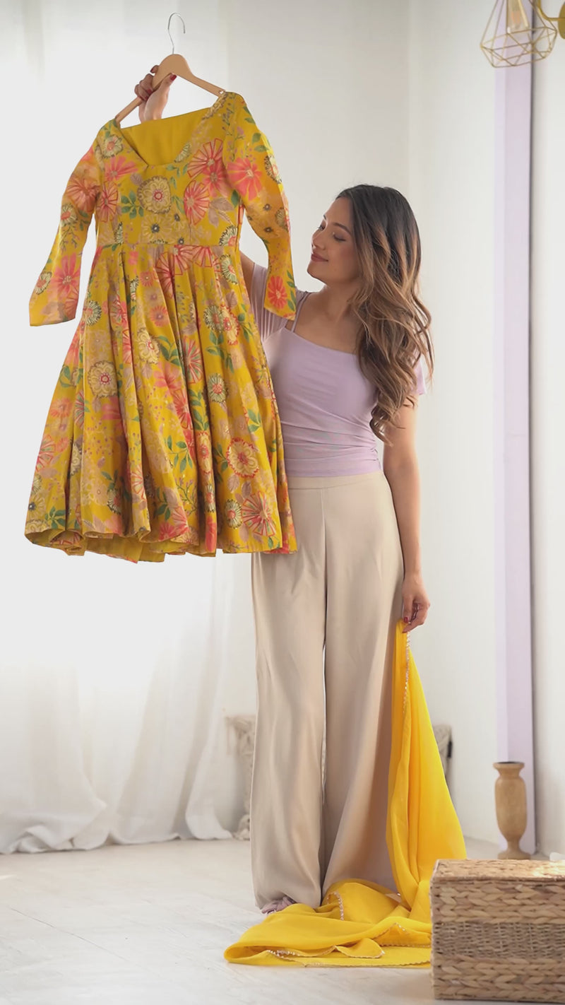 Yellow Color Heavy Pure Roman Silk Kediya Kurta Set with Plazzo And Dupatta Set