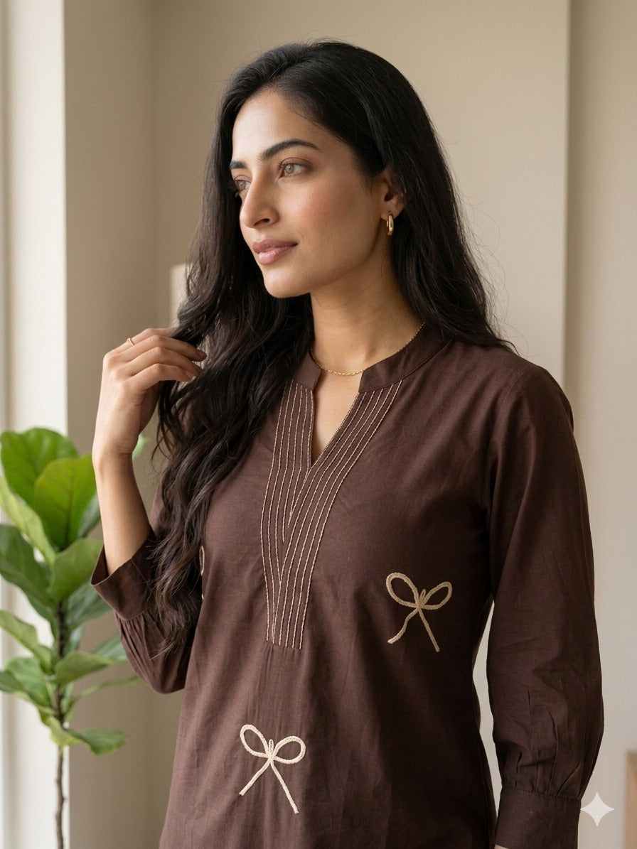 Premium Cotton Bow Embroidery Kurta Pant Set for Women