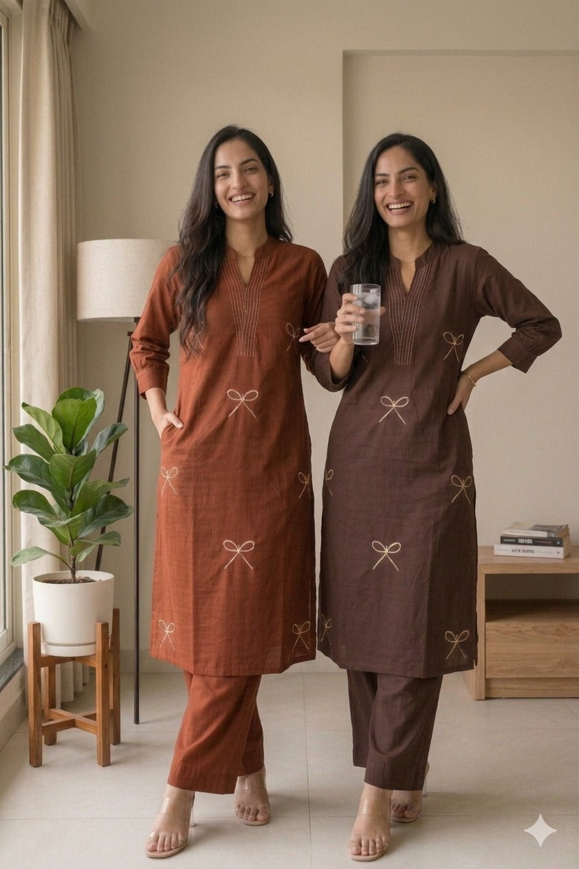Premium Cotton Bow Embroidery Kurta Pant Set for Women